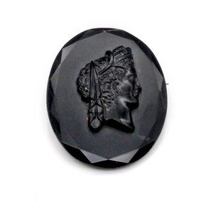 Vintage Elegant Lady Black Cameo Brooch, Lapel Pin with Elegant Bevel, French